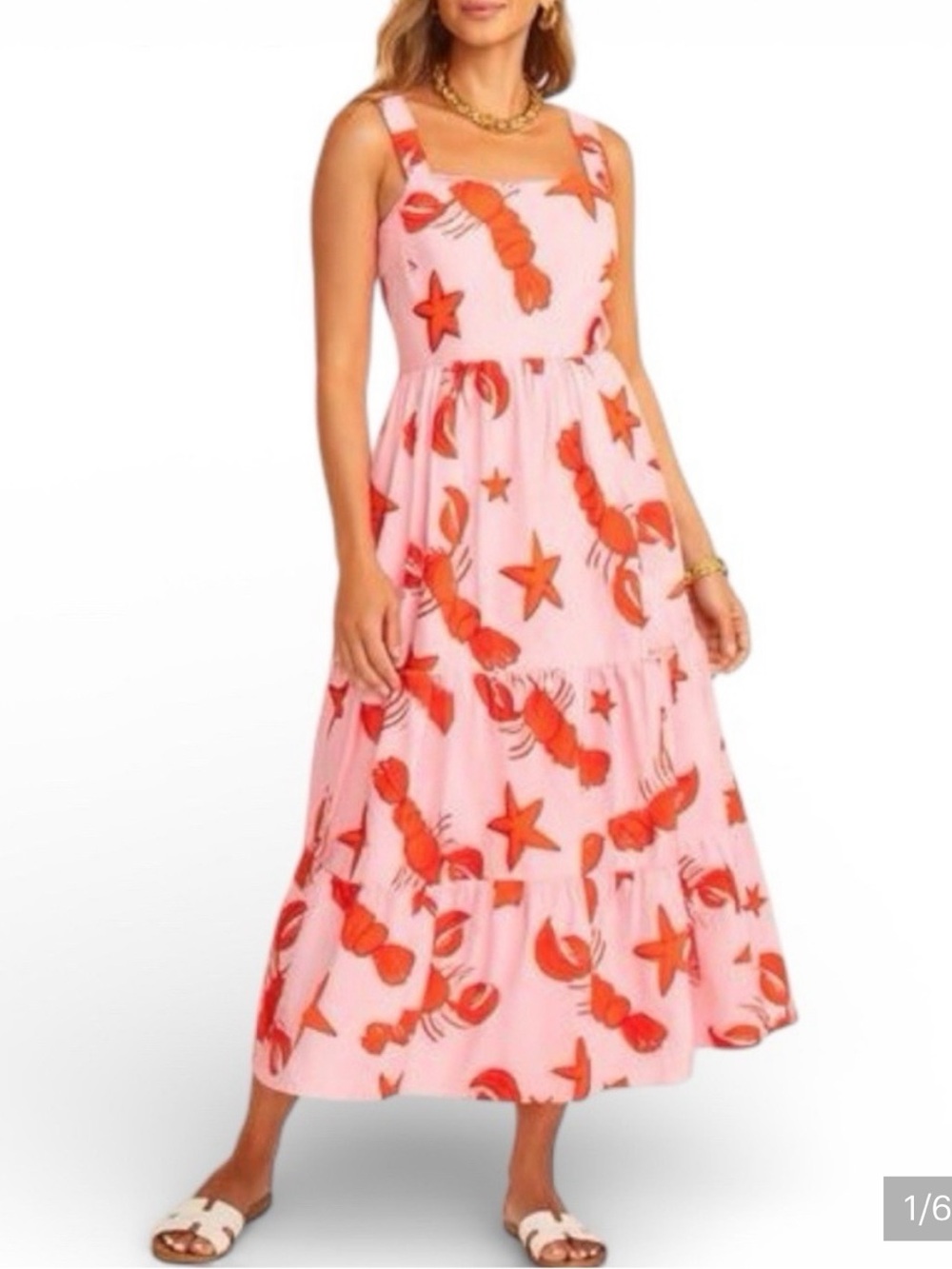 J Crew cotton tiered pink and red lobster midi dress size 4 - Picture 1 of 11